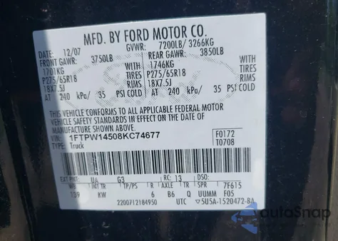 2008 Ford F-150 60Th Anniversary/Fx4/King Ranch/Lariat/Limited/Xlt from USA, damaged, VIN 1FTPW14508KC74677